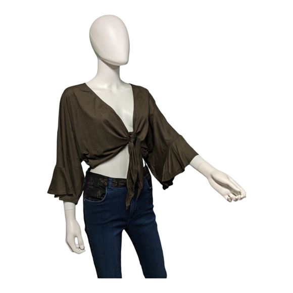 Olivaceous Crop Knot-Front Top Dark Green S - Picture 4 of 9